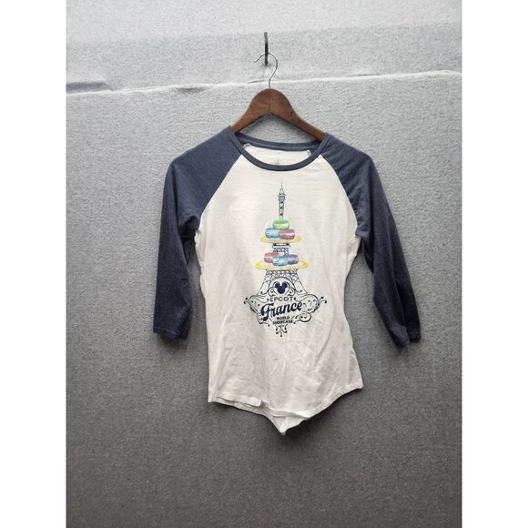 Disney Parks Macaron Eiffel Tower Graphic Womens Raglan Shirt M Cotton/Poly Blen - Picture 1 of 4